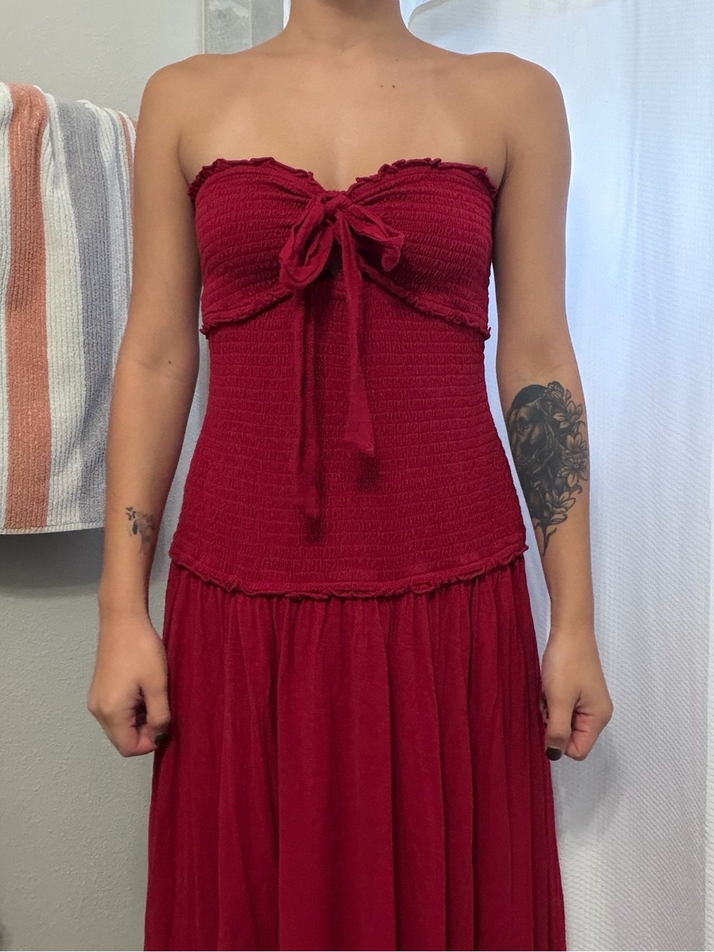 American Eagle Outfitters Strapless Tie-Front Maxi Dress in Burgundy